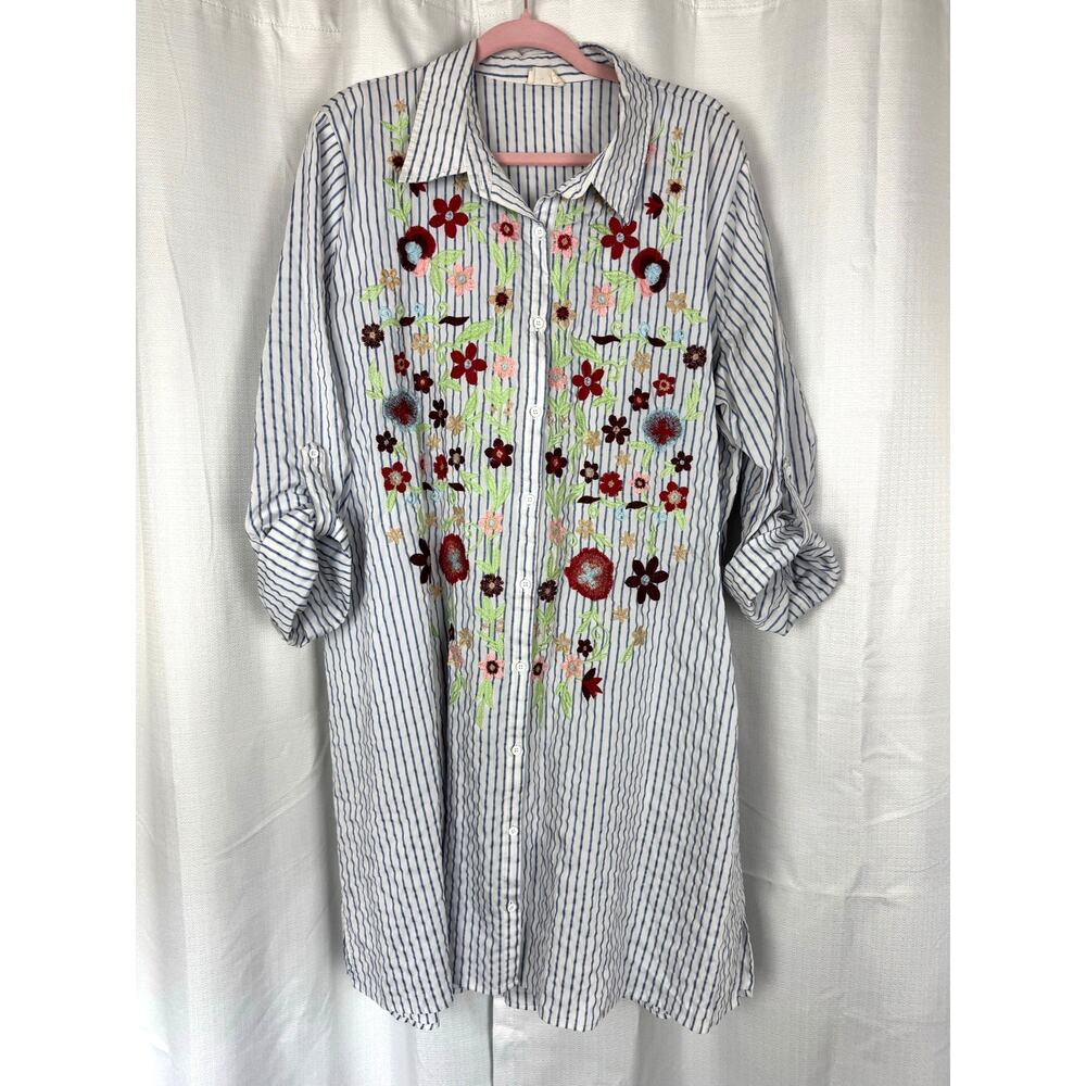 Layerz Embroidered Floral Stripe Shirt Dress Cottagecore Boho Oversized